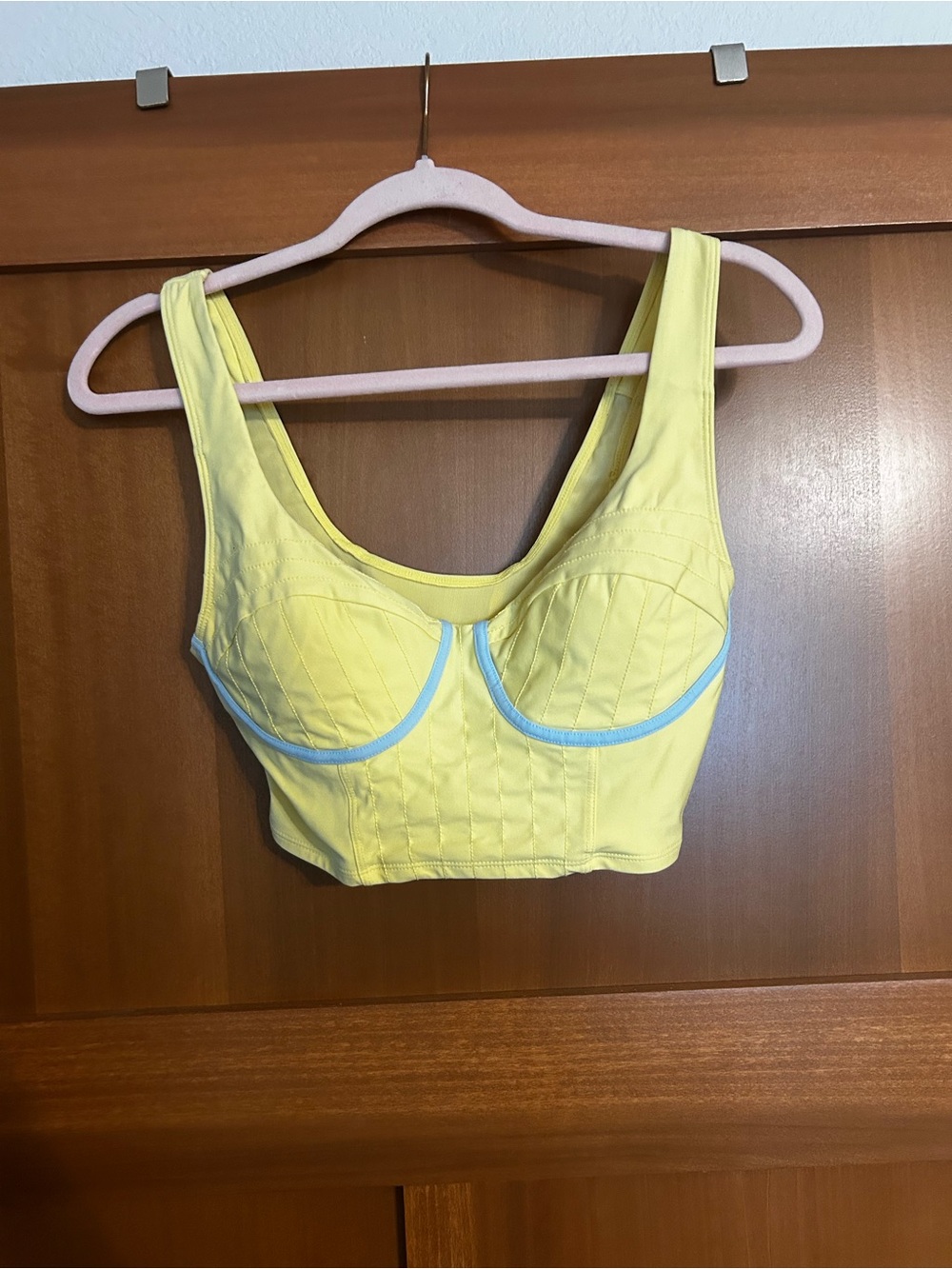Fabletics Yellow Longline Sports Bralette with Light Blue Trim